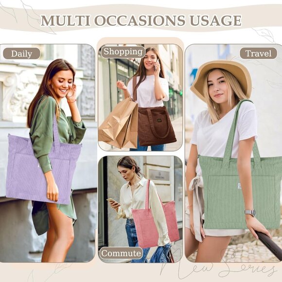 Light Purple Corduroy Tote Bag for Women, Large Capacity, Zipper Closure - Picture 7 of 8